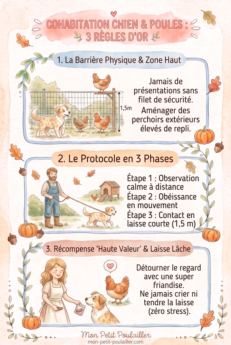 Infographie 3 règles d'or cohabitation chien et poules