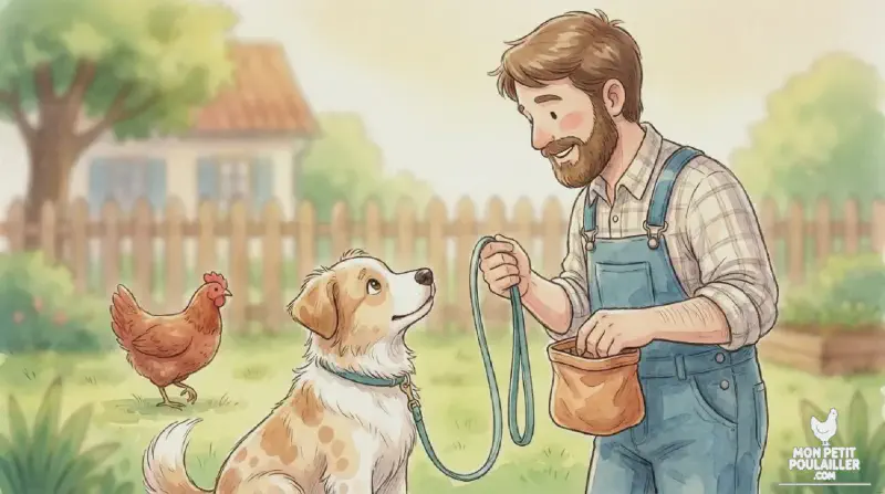Chien en laisse calme près des poules