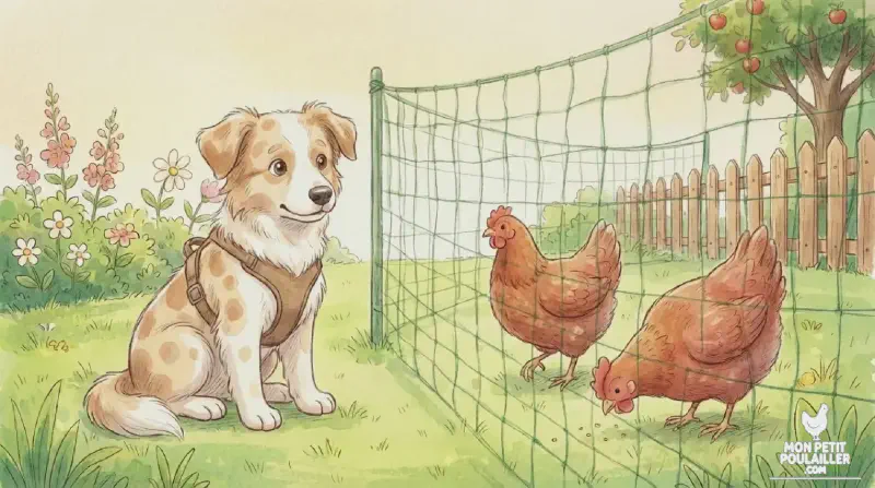 Scène d'observation chien et poules