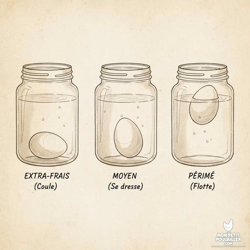 Schéma explicatif du test du verre d'eau montrant les trois positions de l'œuf