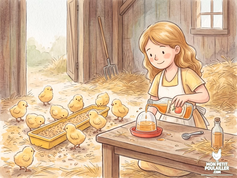 Julie prépare l'eau des poussins