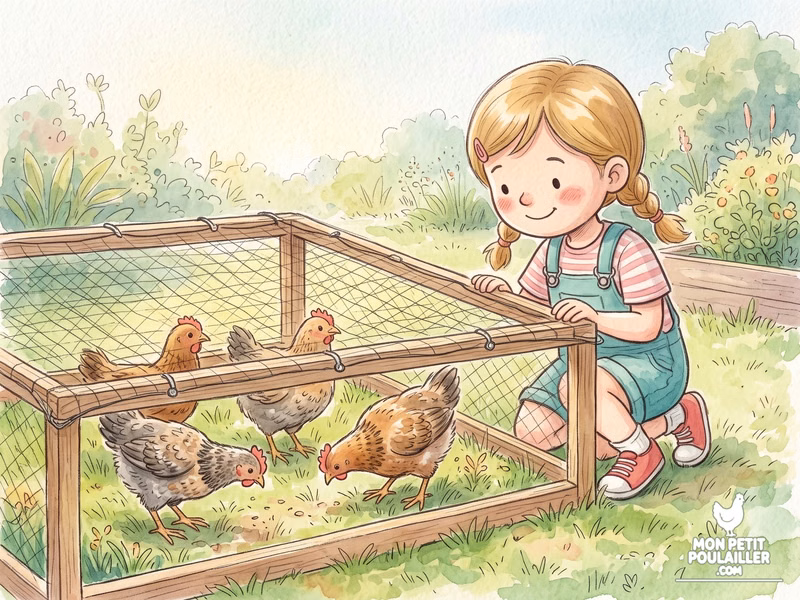Anna observe les poussins dehors