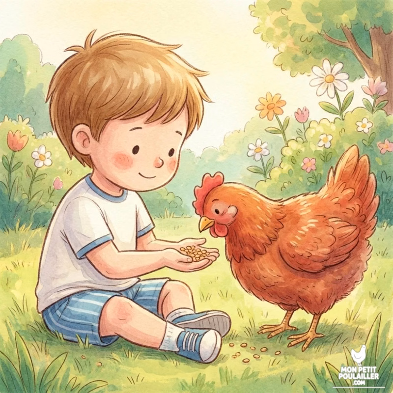 Lucas donnant à manger à Roussette dans le jardin