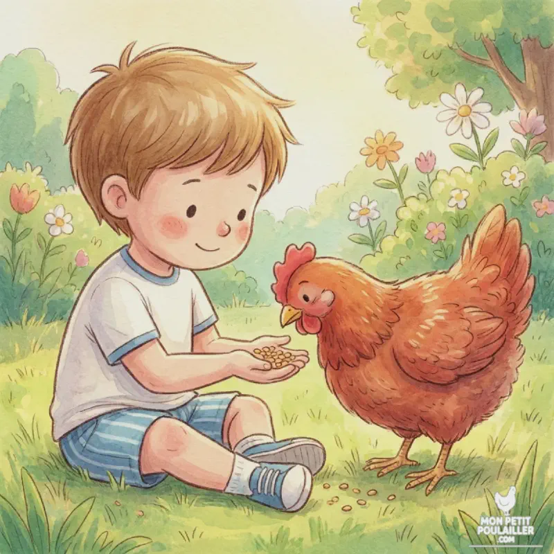 Lucas donnant à manger à Roussette dans le jardin