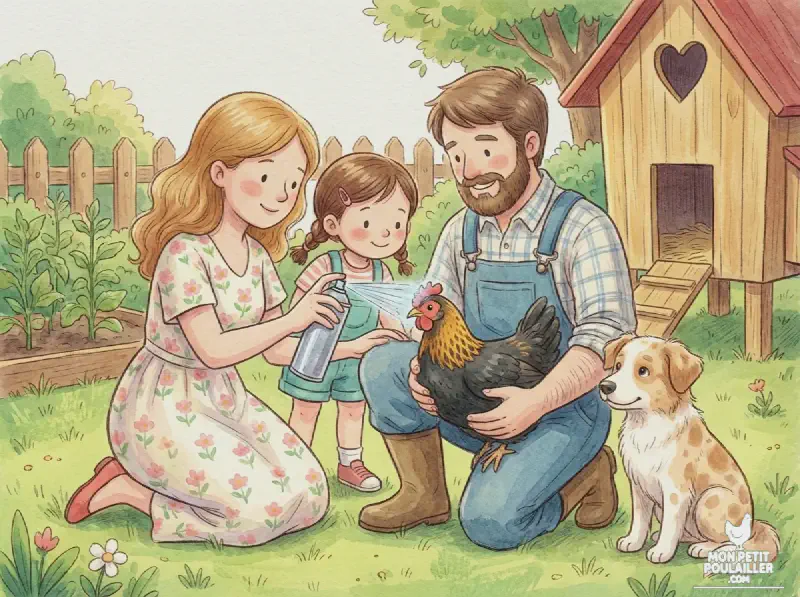 Anna soigne une poule avec le spray argent antiseptique