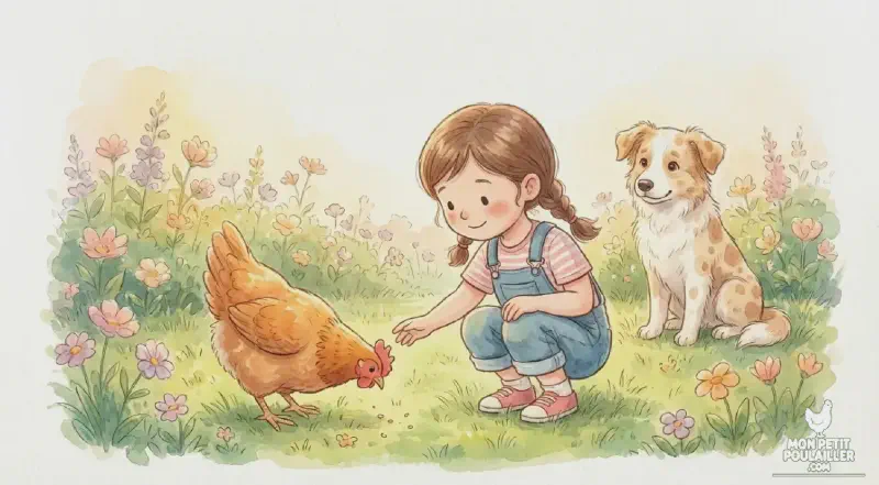 Anna et sa poule rousse explorant le jardin