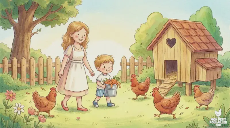 Lucas apporte des épluchures de carottes aux poules