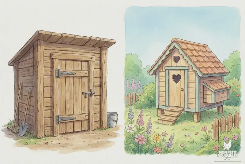 Comparaison visuelle entre la robustesse d'un poulailler DIY et l'esthétique d'un kit