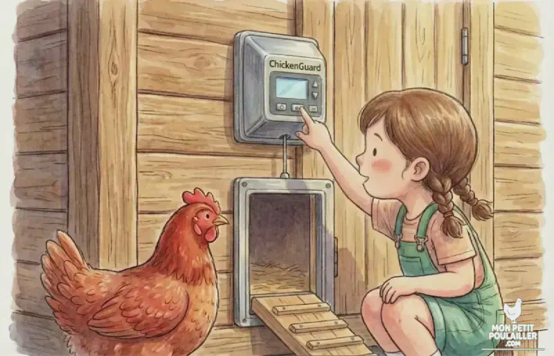 Anna observe le fonctionnement d'une porte automatique ChickenGuard sur le poulailler