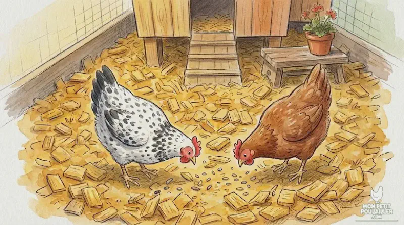 Poules sur copeaux secs