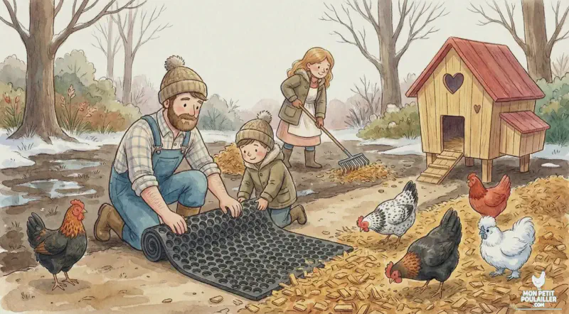 Lucas aide son papa à poser les dalles.