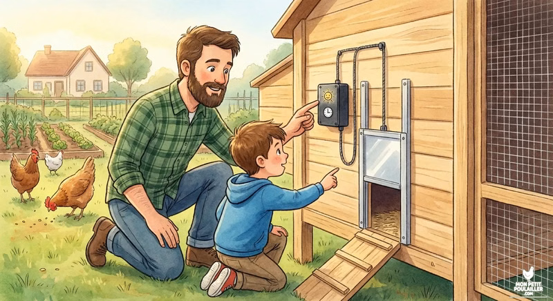 Installation de la porte automatique sur un poulailler en bois