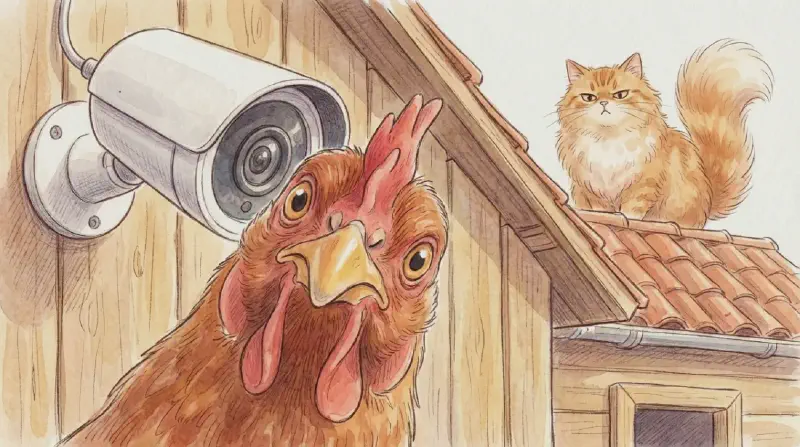 Vue smartphone d'une caméra de poulailler montrant les poules sur le perchoir