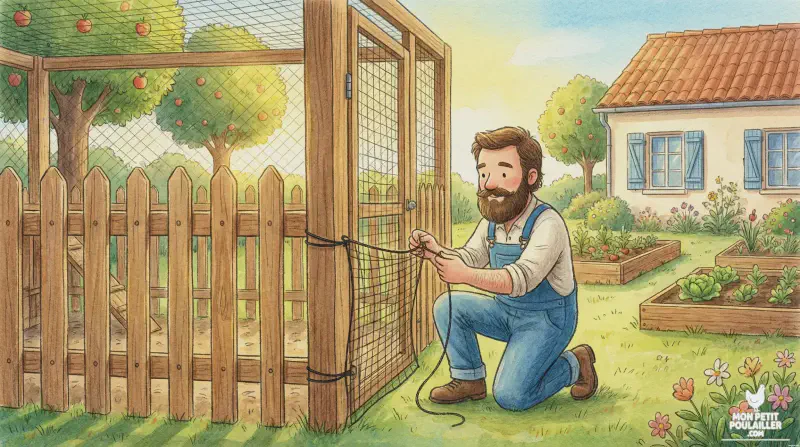 Martin installe le filet de protection au dessus de l'enclos