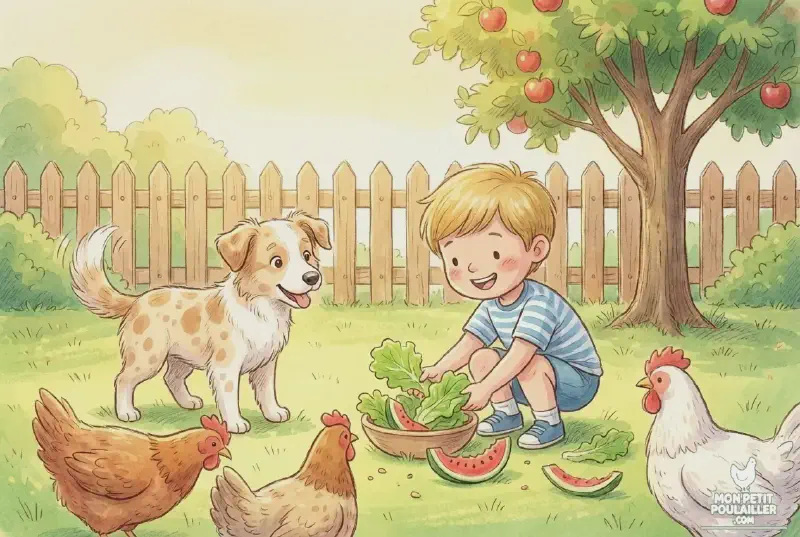 Lucas distribue des friandises saines (salade et pastèque) aux poules heureuses