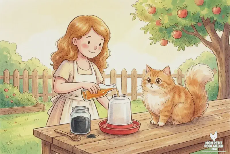 Julie prépare des soins naturels (vinaigre de cidre et charbon) sous le regard de Pistache