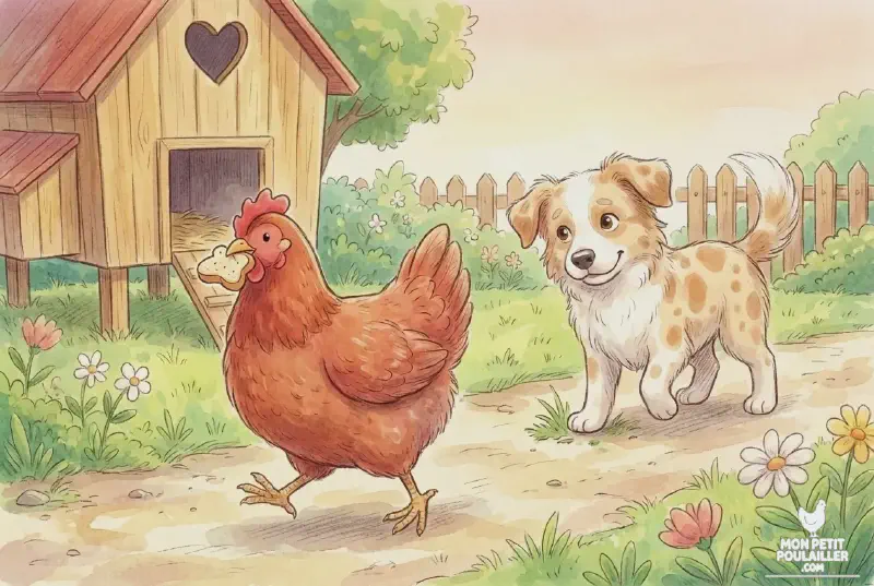 Barnabé regardant une poule s'enfuir fièrement avec son morceau de pain pressé