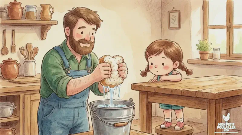 Martin pressant vigoureusement du pain trempé au-dessus d'un seau, sous les yeux curieux d'Anna