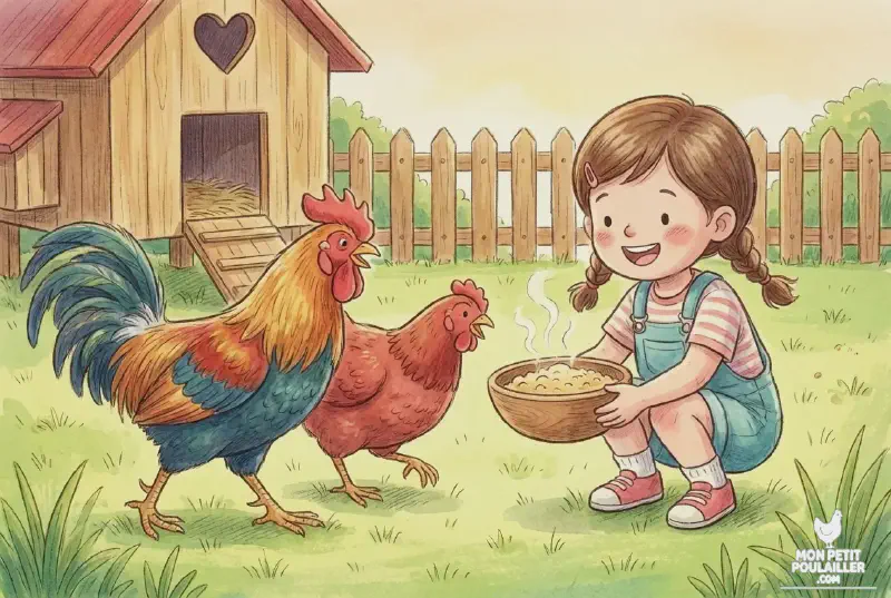 Anna distribue la pâtée tiède aux poules sous le regard attentif de Barnabé