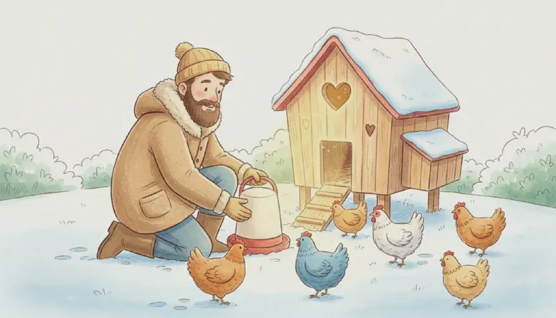 Martin installant l&rsquo;abreuvoir chauffant sous la neige