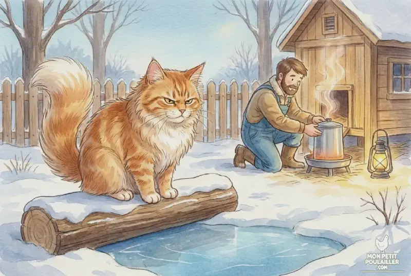 Pistache le chat regarde l'abreuvoir chauffant qui fume légèrement dans la fraîcheur du matin