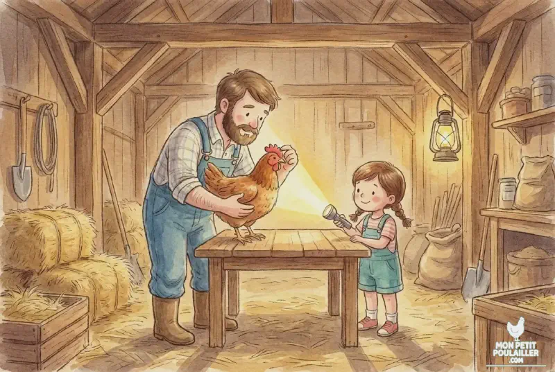 Anna et Martin examinent délicatement la crête d'une poule pour vérifier l'absence de gelures