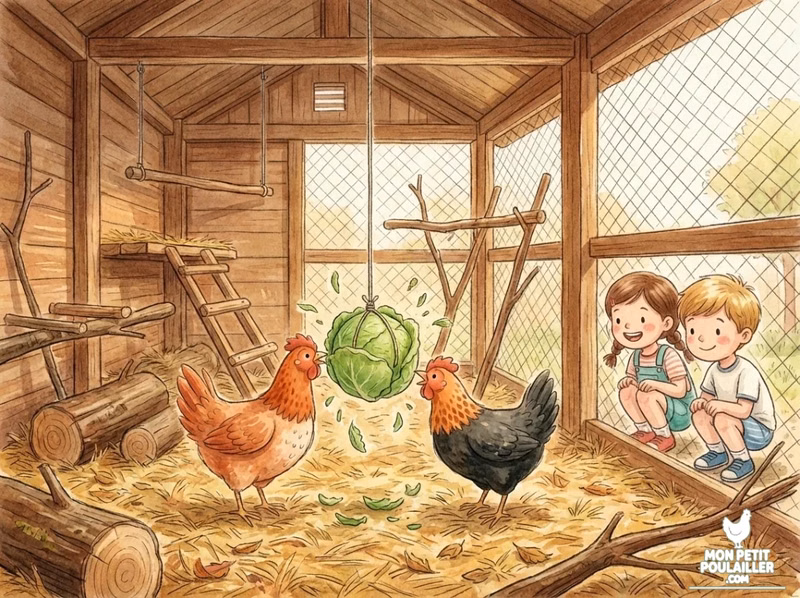 Poules jouant avec un chou suspendu sous leur filet