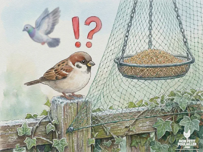 Un moineau regardant le poulailler protégé