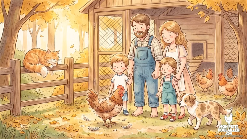 Roussette la poule rousse en période de mue observée par la famille dans le poulailler