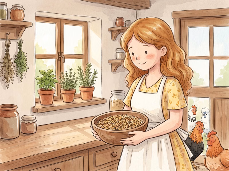 Julie prépare une gamelle de vers de farine séchés et de levure de bière pour les poules