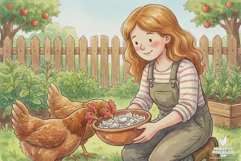 Julie prépare un bol de coquilles d'huîtres broyées avec bienveillance pour les poules