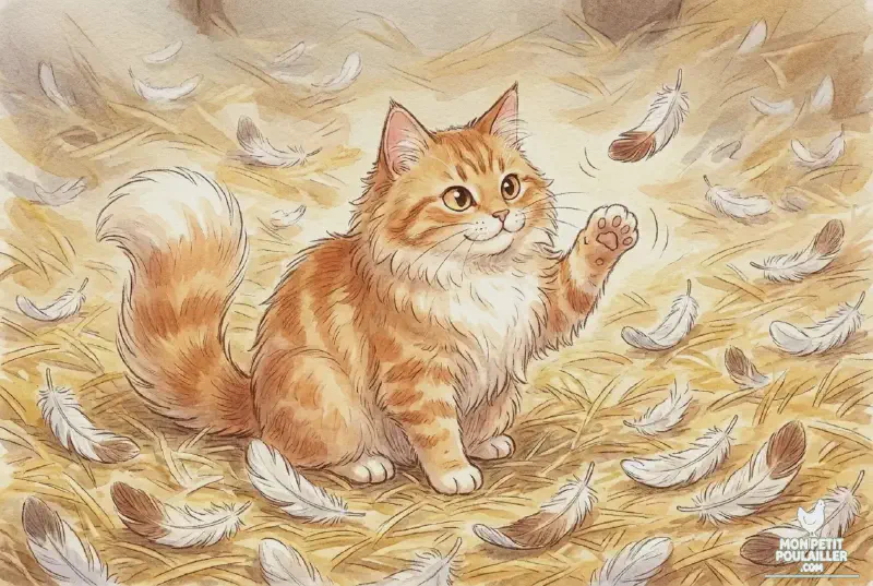 Détail artistique de plumes de poules sur de la paille en automne