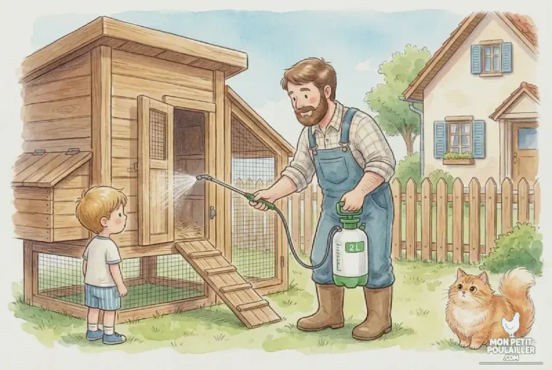 Martin traite les fissures du poulailler