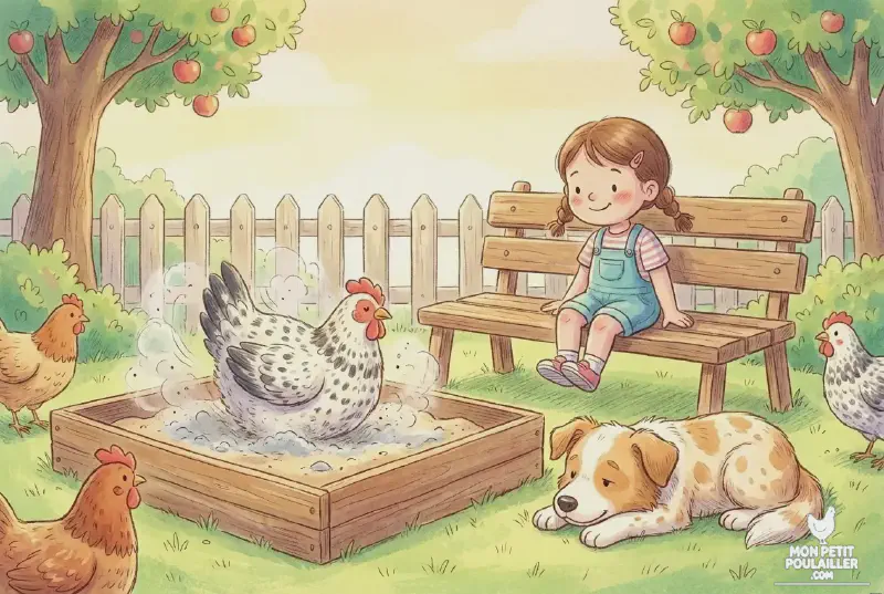 Anna observe le bain de poussière à la terre de diatomée