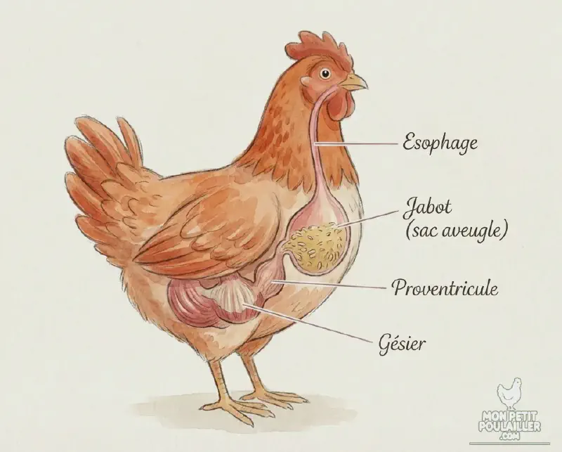 Schéma anatomique de Roussette montrant le jabot, le proventricule et le gésier