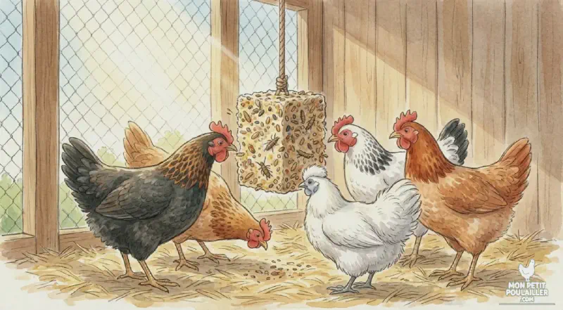 Poules occupées sur un bloc à piquer minéral