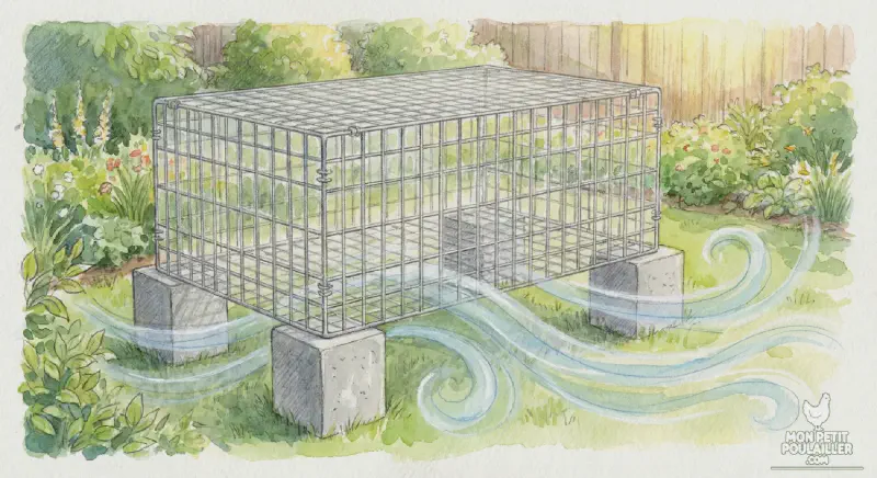 Cage de transport ventilée posée sur des parpaings pour laisser passer l'air dessous