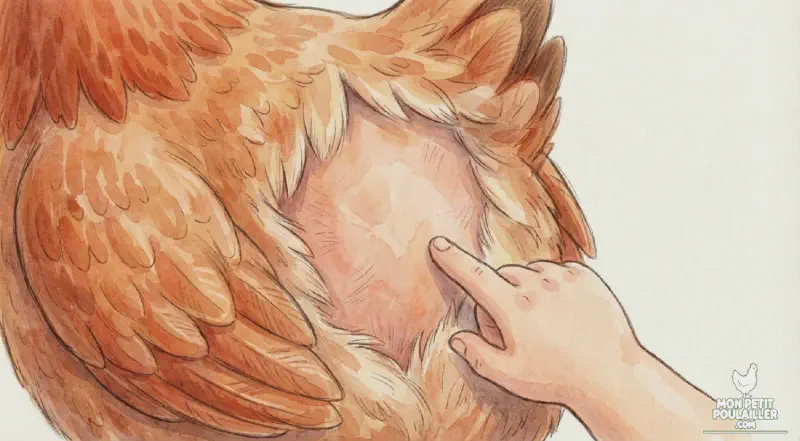 Schéma montrant la peau nue et rouge sous le ventre d'une poule qui couve