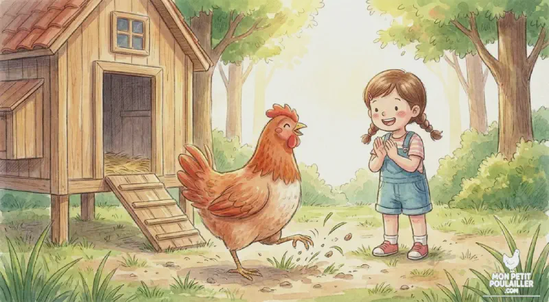 Poule rousse active dans l'herbe