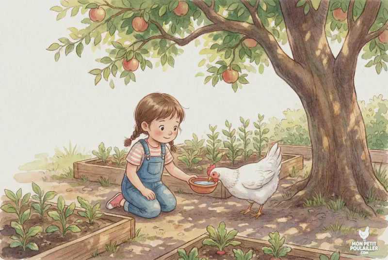 Anna soigne une poule avec douceur